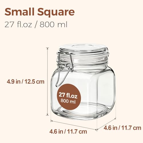 Square Glass Pickling Jars 27 oz 6 Pack with Airtight Lids Pantry (6 Count)