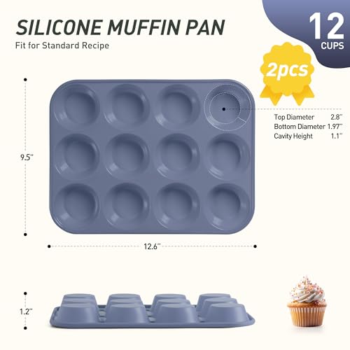 2 Pack 12 Cups Silicone Muffin Pan with Metal Reinforced Frame Regular Size Silicone Molds Cupcake Cake Baking Pans Cookie Baking Chocoflan Cupcake Mold Muffin Top Pan Flanera Housewarming Gift