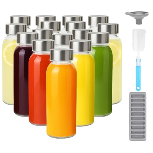 10.5 oz Glass Juice Bottles with Stainless Steel Lid Bulk (16 Count)