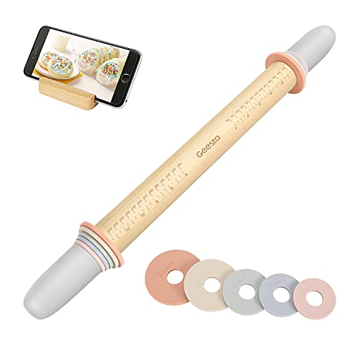 Adjustable Wood Rolling Pin with 5 Thickness Rings