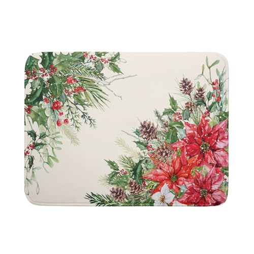 Poinsettia Dish Drying Mat for Countertop 18"x24" Christmas Red Floral Winter Holly Berries Dish Drainer Mats Absorbent Microfiber Dish Drying Pad Protector for Kitchen Home Decor Large