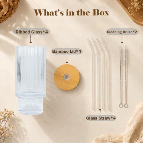 Glass Cups with Lids and Straws 16 oz Ribbed Drinking Glasses Set (4 Count)