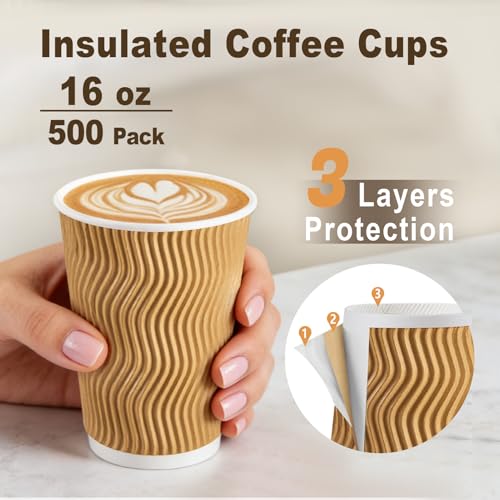 500 Pack 16oz Insulated Disposable Paper Coffee Cups Champagne (500 Count)