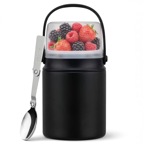 2-in-1 Thermos for Hot Food with Snack Box Container - 20oz Stainless Steel Insulated Food Container with Handle and Spoon, Leak Proof Bento Box Kids Adult for School Lunch Office