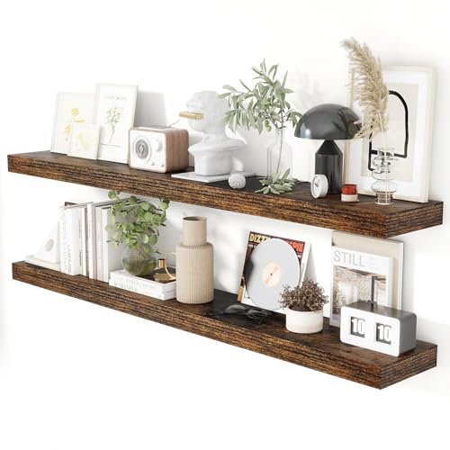 55 Inch Floating Shelves for Wall 8 Inch Deep Rustic Brown Shelves Set of 2 (2 Count)