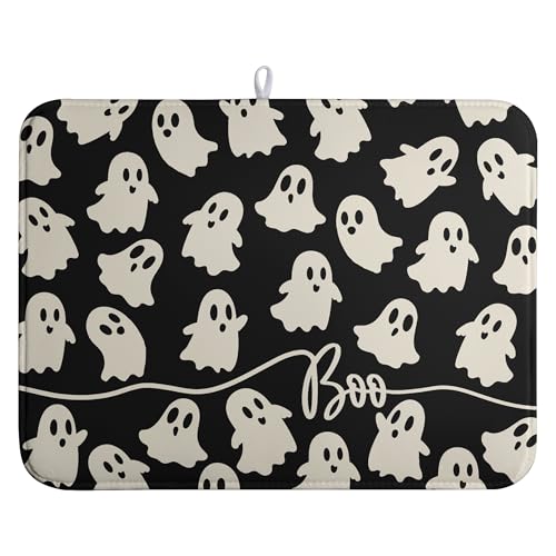 Halloween Ghosts Dish Drying Mat Black and White Large Kitchen Mats Dish Drying Pad Absorbent Dish Dryer Mat for Kitchen Countertops Microfiber Drainer Pad Dish Drying Mats