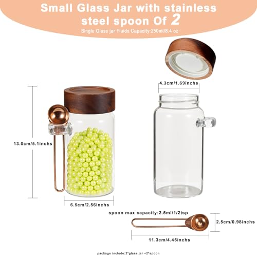 8oz Small Glass Spice Jar with Spoon Airtight Screw Wood Lid Clear Sugar Herb Container Food Storage Canisters Bottle for Seasoning Coffee Ground Bean Kitchen Tea Overnight Oats Bar