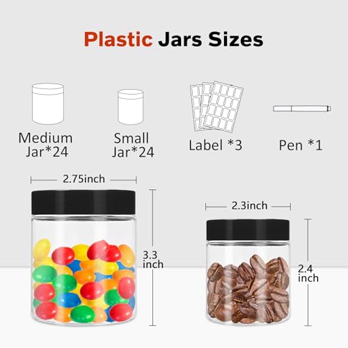 Plastic Jars with Lids 48 Pcs 8 oz & 3.4 oz Clear Plastic Slime Storage Jars Containers with Airtight Black Screw On Lids Cylinder Clear Round Jar Easy Clean Food Grade Durable Jar (48 Count)