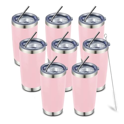 20oz 8 Pack Tumbler Double Wall Vacuum Insulated Coffee Travel Mug Stainless Steel Tumbler Bulk with Lid and Straw Insulated Coffee Cup for Cold & Hot Drinks (8 Count)
