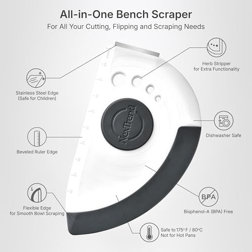 grey 5-in-1 flexible dough and bowl scraper with stainless-steel edge and integrated ruler