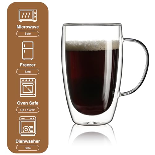 2 Pack Double Walled Glass Coffee Mugs with Handles (2 Count)