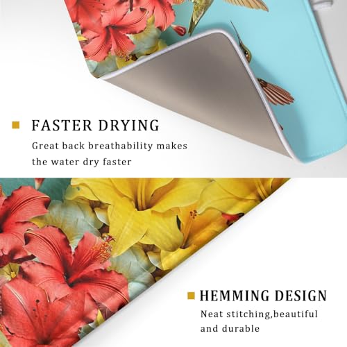 Hummingbirds Floral Dish Drying Mat for Kitchen Counter 18x24 In Hibiscus Tropical Drying Mat Farmhouse Fast Dry Absorbent Microfiber Dish Drainer Rack Pad Mat for Countertop Decor