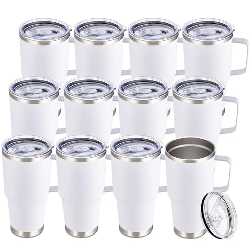 30 oz Stainless Steel Tumblers Bulk with Handle and Lid (12 Count)