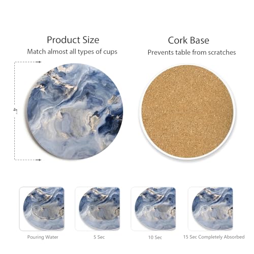 Set of 6 Navy Blue Marble Coasters with Holder (6 Count)
