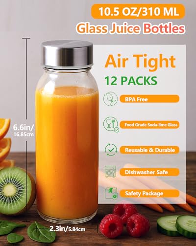 10.5 oz Glass Juice Bottles with Stainless Steel Lid Bulk (12 Count)