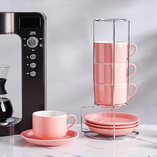 8 Ounce Stackable Cappuccino Cups with Saucers and Metal Stand (4 Count)