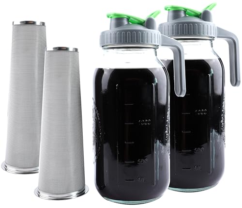 Cold Brew Coffee Maker 64 Oz Mason Jar Iced Tea Pitcher With Strainer 2 Set Half Gallon Glass Pitcher With Spout Lid 2 Quar Water Jug For Fridge Beverage