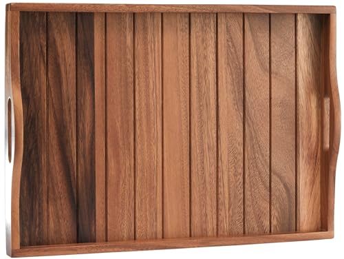 Large Acacia Wooden Serving Tray with Handles 20 x 14 inch Decorative Coffee Table Ottoman Tray for Living Room Extra Large for Kitchen Dinner Food Bar Breakfast in Bed