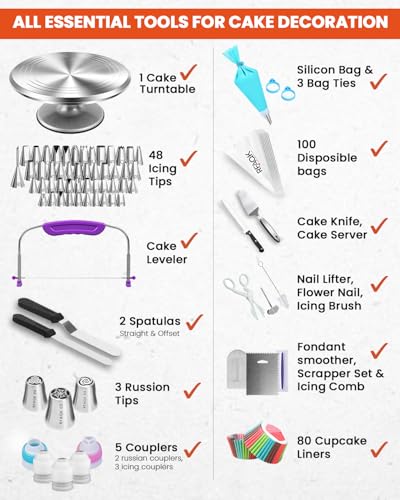 250 PCs Aluminum Cake Decorating Tools Kit with 12" Metal Turntable & Knife set