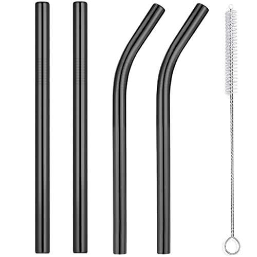 4 Pack Black 0.4" Wide Bore Reusable Stainless Steel Smoothie Straws (4 Count)