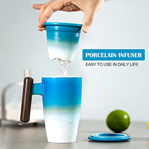 Tomotime Ceramic Tea Cup with Infuser and Lid Tea Mugs Wooden Handle 400ml