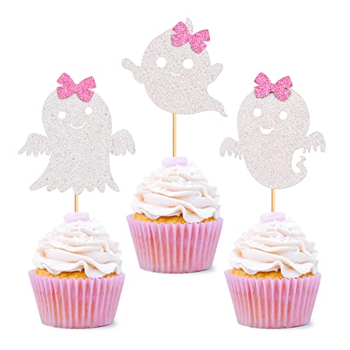 24Pcs Ghost Cupcake Toppers Pink Halloween Baby Shower Decor (24 Count)