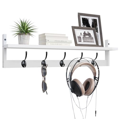 Wall Mounted Wood Shelf with 5 Dual Hooks for Bathroom