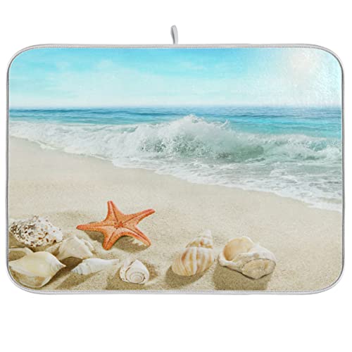 Summer Beach Dish Drying Mat 16 x 18 Inch Sea Wave Shells Starfish Drying Mat with High Absorbent Reversible Microfiber Kitchen Mat Dish Rack Pad Dish Drainer Mat Kitchen Counter Coffee Bar