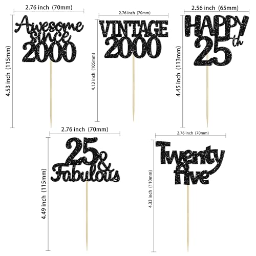 30Pcs Vintage 2000 Cupcake Toppers Glitter 25th Birthday Cake Decorations