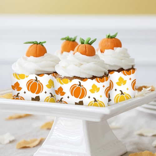 100Pcs Fall Paper Baking Cups Pumpkin Maple Leaf Cupcake Wrappers Orange Yellow Brown Scalloped Edge Cupcake Muffin Cases for Autumn Thanksgiving Dessert Decoration (100 Count)