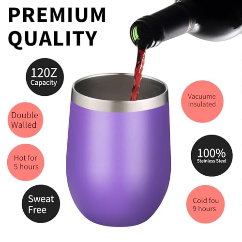 12oz 4 Pack Wine Tumbler Glasses with Lid Stemless Double Wall Vacuum Stainless Steel Travel Tumbler Keeping Cold & Hot for Wine