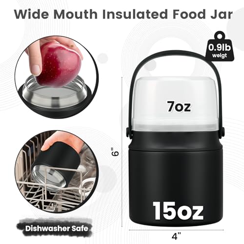 2-in-1 Insulated Food Jar with a Snack Container - 15oz Kids Soup Thermos for Hot Food with Handle and Spoon, Leak Proof Bento Lunch Box Kids, Perfect for School & Travel