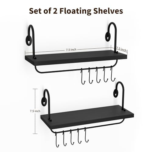 Floating Wall Shelves for Kitchen Bathroom Coffee Nook with 10 Adjustable Hooks for Mugs Cooking Utensils or Towel Rustic Storage Shelves Set of 2 (2 Count)