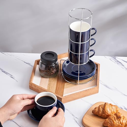 8 Ounce Stackable Cappuccino Cups with Saucers and Metal Stand (4 Count)