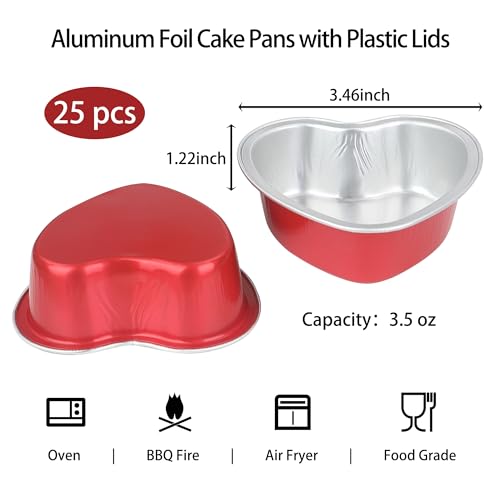 Mini Heart Shaped Cake Pans 3.5oz Aluminum Foil Heart Cake Pan with Lids (25 Count)