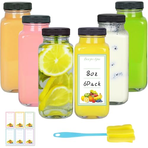 6 Pack 8oz Glass Juice Bottles with Lids