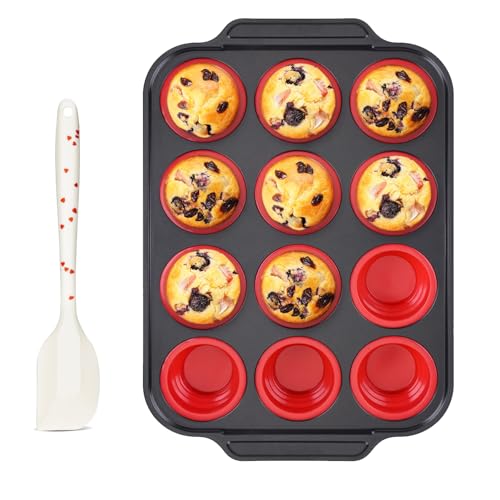 Silicone Muffin Pan for Baking with Metal Frame (12 Count)