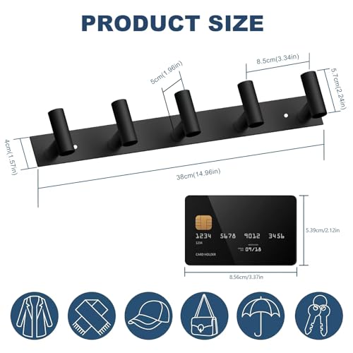 Black Hat and Coat Wall Mount Rack 5 Hooks for Robes