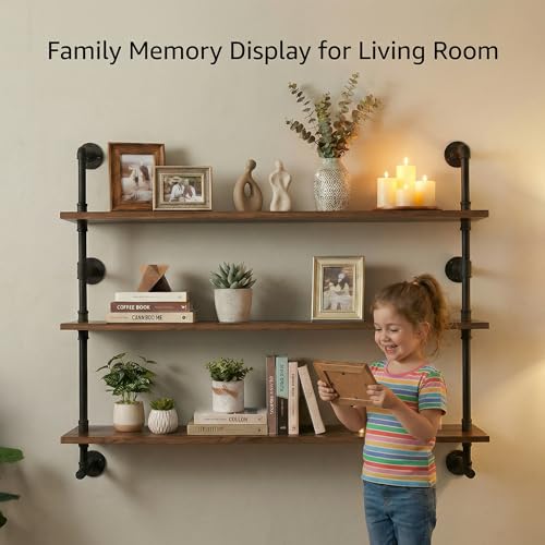Industrial Pipe Wall Shelves Pipe Shelving with Real Wood Plank 48 Inches