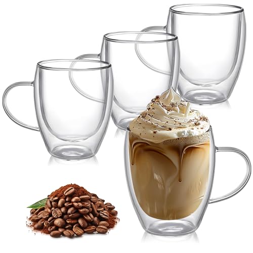 8 Ounces Set of 4 Double Walled Glass Coffee Mugs with with Handle Insulated Layer Coffee Cups Borosilicate Glass Espresso Double Insulated Clear Glass Coffee Mug for Hot Beverages (4 Count)