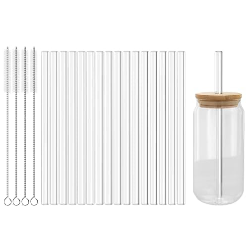 Reusable Glass Straws Set 16 Pcs 8.5''x 10MM Straight Clear Glass Drinking Straws (16 Count)