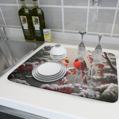 Winter Red Cardinal Bird Dish Drying Mat for Kitchen Counter
