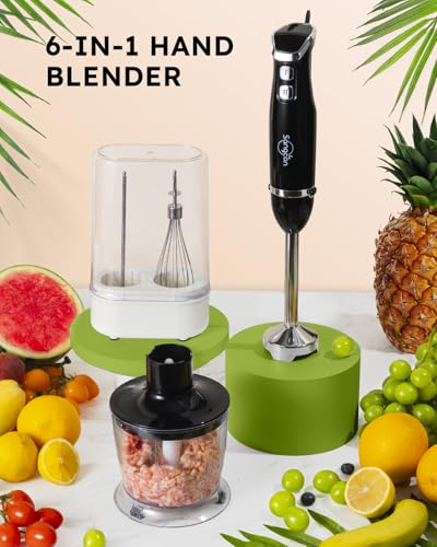 6-in-1 Immersion Blender Handheld, Hand Blender with Chopper & 34oz Blending Cup Storage Base, 2-Speed Adjustable Stick Blender,Stainless Steel Blades, Detachable Blender, Whisk, Milk Frother