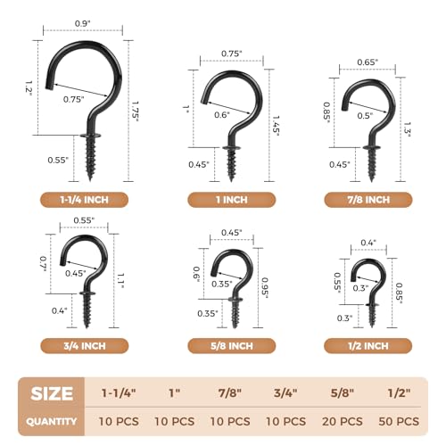 Screw Hooks 6 Sizes Metal Screw in Cup Hooks (110 Count)