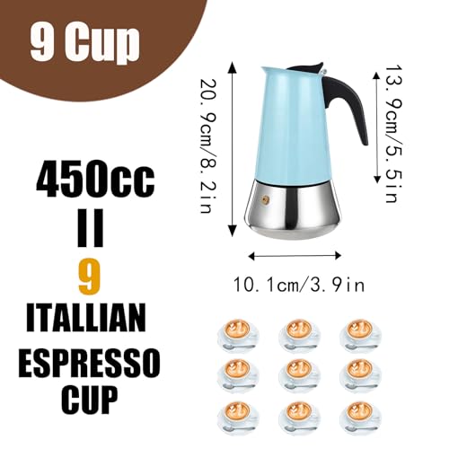 9 Cup Stovetop Espresso Maker Stainless Steel Moka Pot Stove Top Percolator Italian Coffee Makers Capable Mocha Greca Machine Cafe Classic Induction Cookers for Home and Camping 450ml 15oz