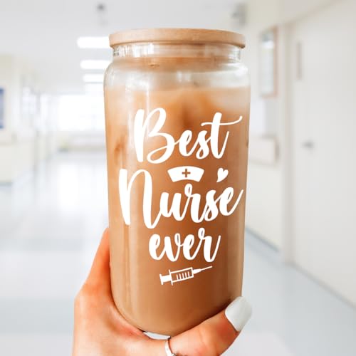 Nurse Cup 16 Oz Glass Can with Bamboo Lid and Straw