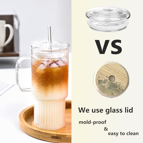 32oz Glass Cups with Handle Lids and Straws