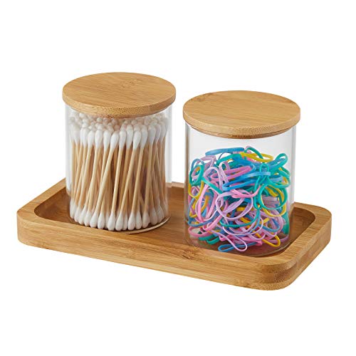 2 Pack Glass Qtip Holder Dispenser with Bamboo Vanity Tray