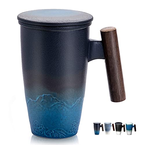 Tomotime Ceramic Tea Cup with Infuser and Lid Tea Mugs Wooden Handle 400ml