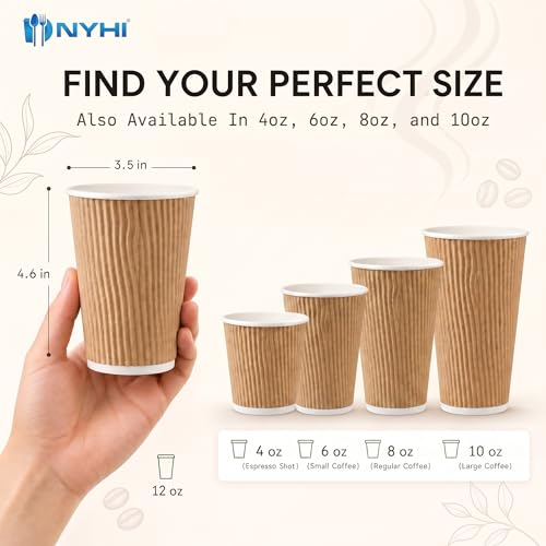 150 10 oz Ripple Kraft Paper Cups Brown Hot Cold Cups 3 Layer Rippled Small Insulated Disposable Coffee Cups for Cappuccino Hot Cocoa or Iced Drinks (150 Count)